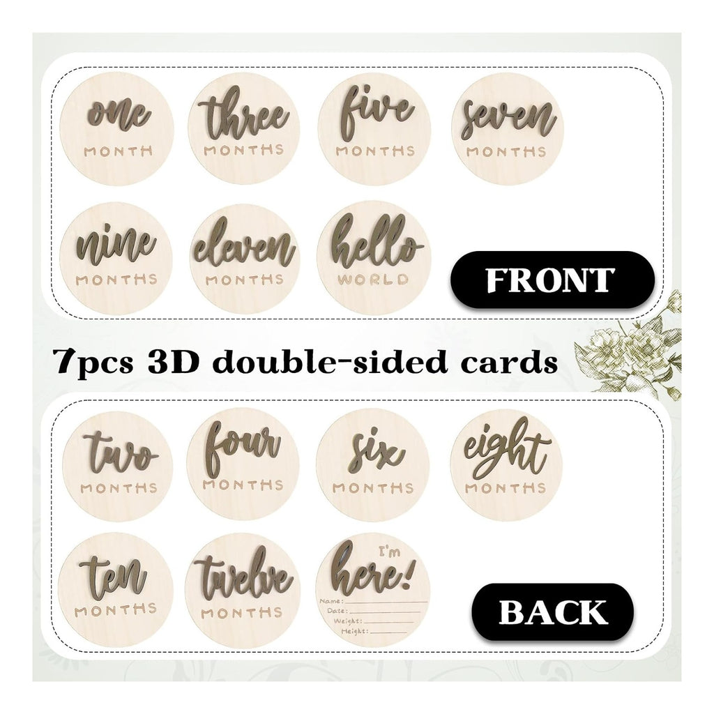 7 Pack 3D Baby Monthly Milestone Card Signs Baby Announcement Sign Double Sided Hello World Newborn Signs Wooden Circles Discs for Welcome Newborn Boy Girl Photo Props