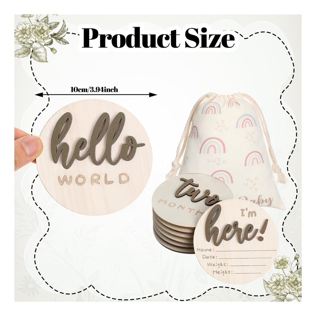 7 Pack 3D Baby Monthly Milestone Card Signs Baby Announcement Sign Double Sided Hello World Newborn Signs Wooden Circles Discs for Welcome Newborn Boy Girl Photo Props