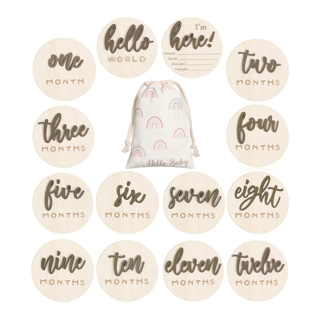 7 Pack 3D Baby Monthly Milestone Card Signs Baby Announcement Sign Double Sided Hello World Newborn Signs Wooden Circles Discs for Welcome Newborn Boy Girl Photo Props