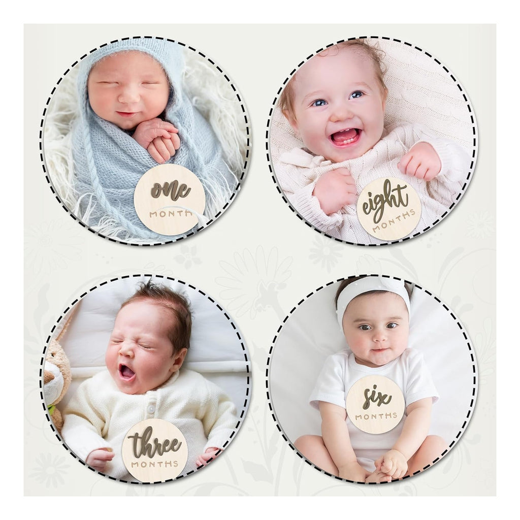 7 Pack 3D Baby Monthly Milestone Card Signs Baby Announcement Sign Double Sided Hello World Newborn Signs Wooden Circles Discs for Welcome Newborn Boy Girl Photo Props