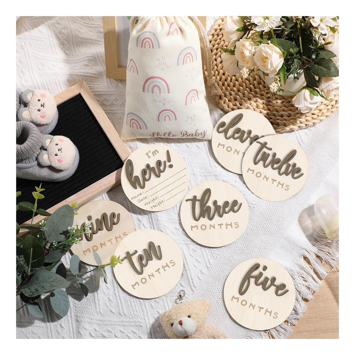 7 Pack 3D Baby Monthly Milestone Card Signs Baby Announcement Sign Double Sided Hello World Newborn Signs Wooden Circles Discs for Welcome Newborn Boy Girl Photo Props