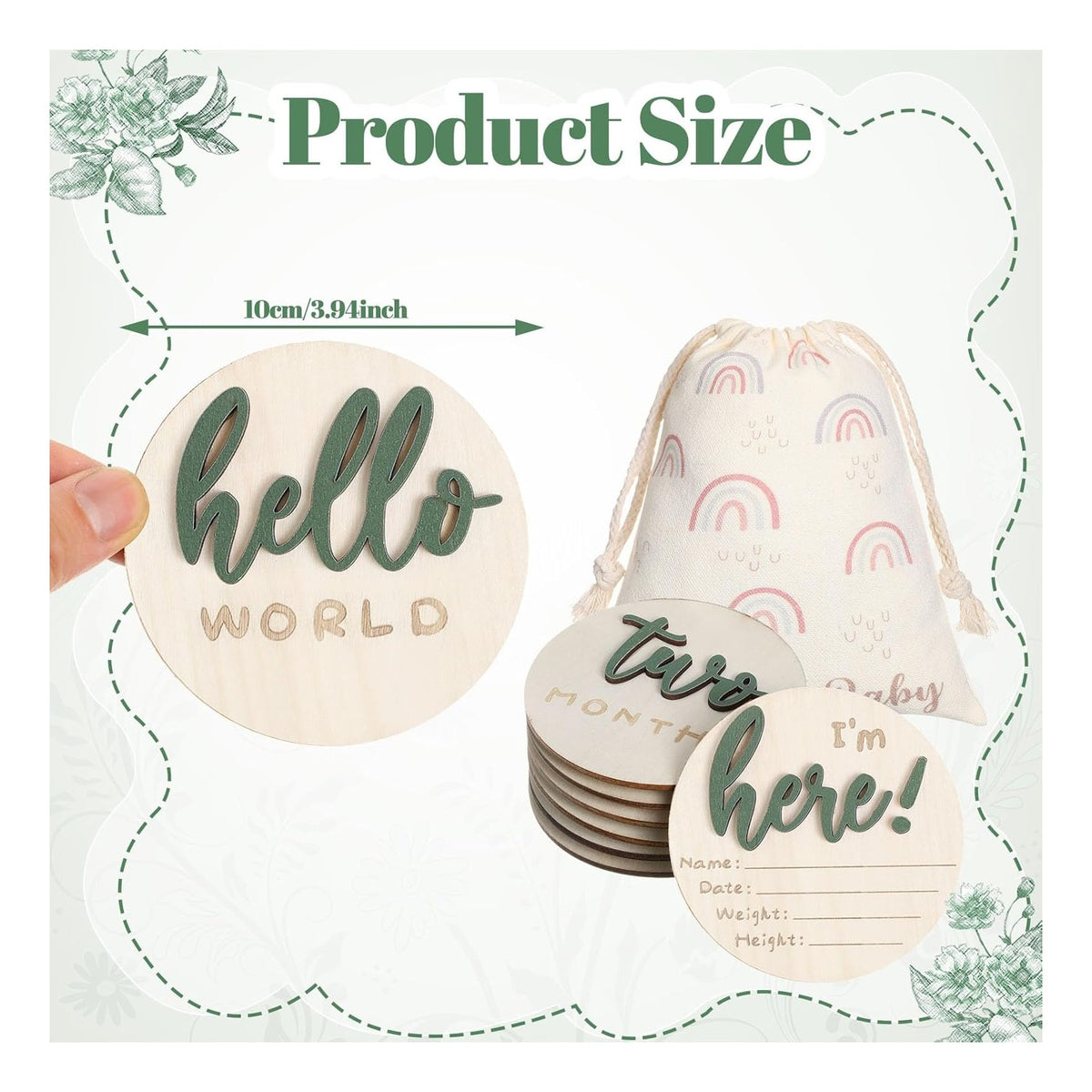 7 Pack 3D Baby Monthly Milestone Card Signs Baby Announcement Sign Double Sided Hello World Newborn Signs Wooden Circles Discs for Welcome Newborn Boy Girl Photo Props