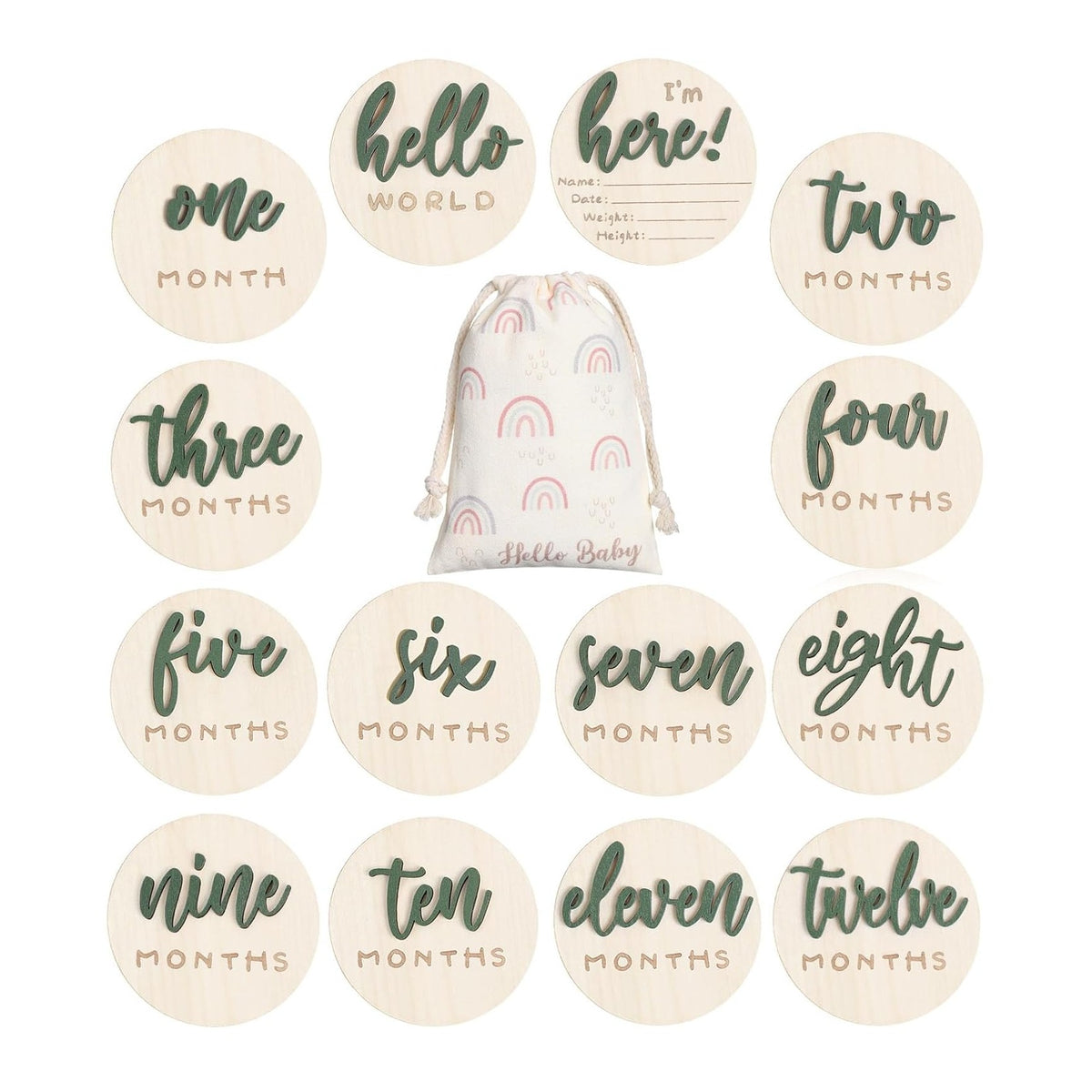 7 Pack 3D Baby Monthly Milestone Card Signs Baby Announcement Sign Double Sided Hello World Newborn Signs Wooden Circles Discs for Welcome Newborn Boy Girl Photo Props