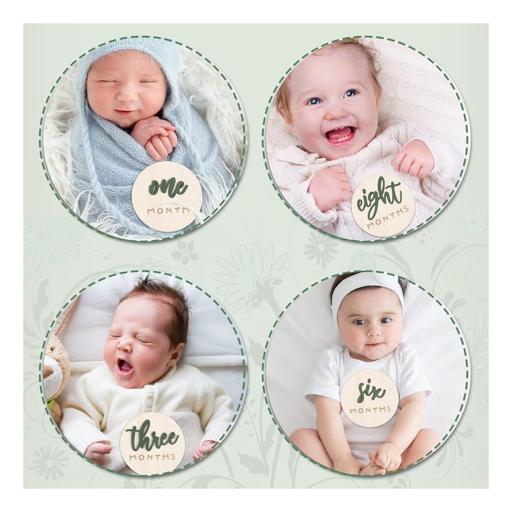 7 Pack 3D Baby Monthly Milestone Card Signs Baby Announcement Sign Double Sided Hello World Newborn Signs Wooden Circles Discs for Welcome Newborn Boy Girl Photo Props