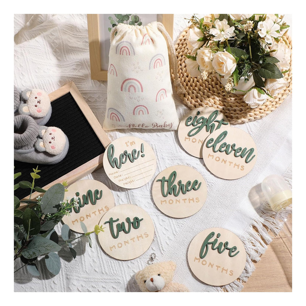 7 Pack 3D Baby Monthly Milestone Card Signs Baby Announcement Sign Double Sided Hello World Newborn Signs Wooden Circles Discs for Welcome Newborn Boy Girl Photo Props
