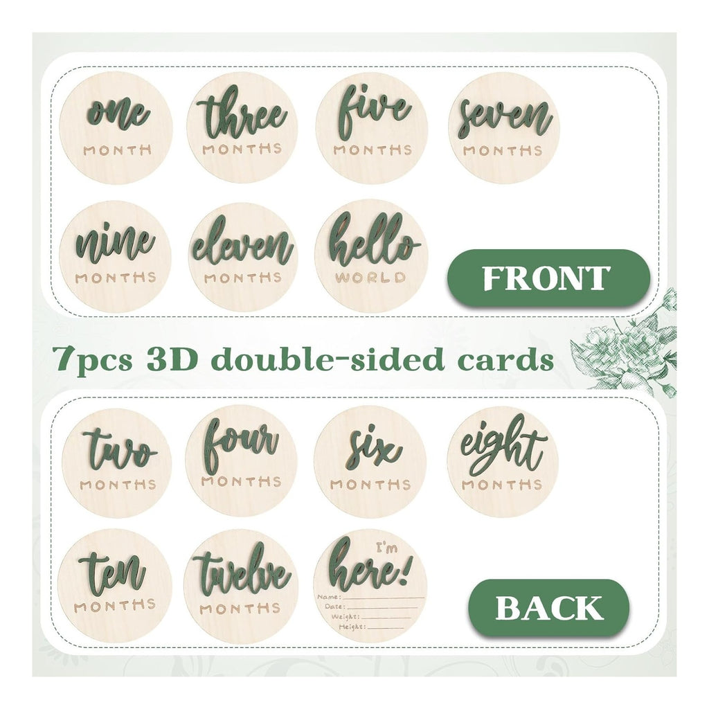 7 Pack 3D Baby Monthly Milestone Card Signs Baby Announcement Sign Double Sided Hello World Newborn Signs Wooden Circles Discs for Welcome Newborn Boy Girl Photo Props