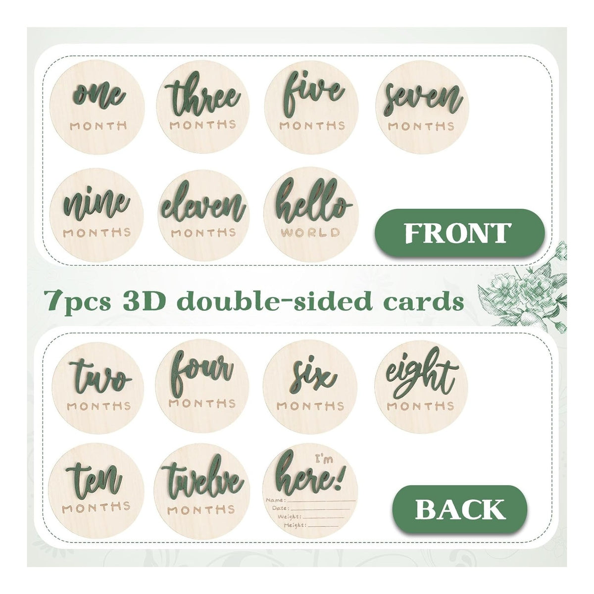 7 Pack 3D Baby Monthly Milestone Card Signs Baby Announcement Sign Double Sided Hello World Newborn Signs Wooden Circles Discs for Welcome Newborn Boy Girl Photo Props