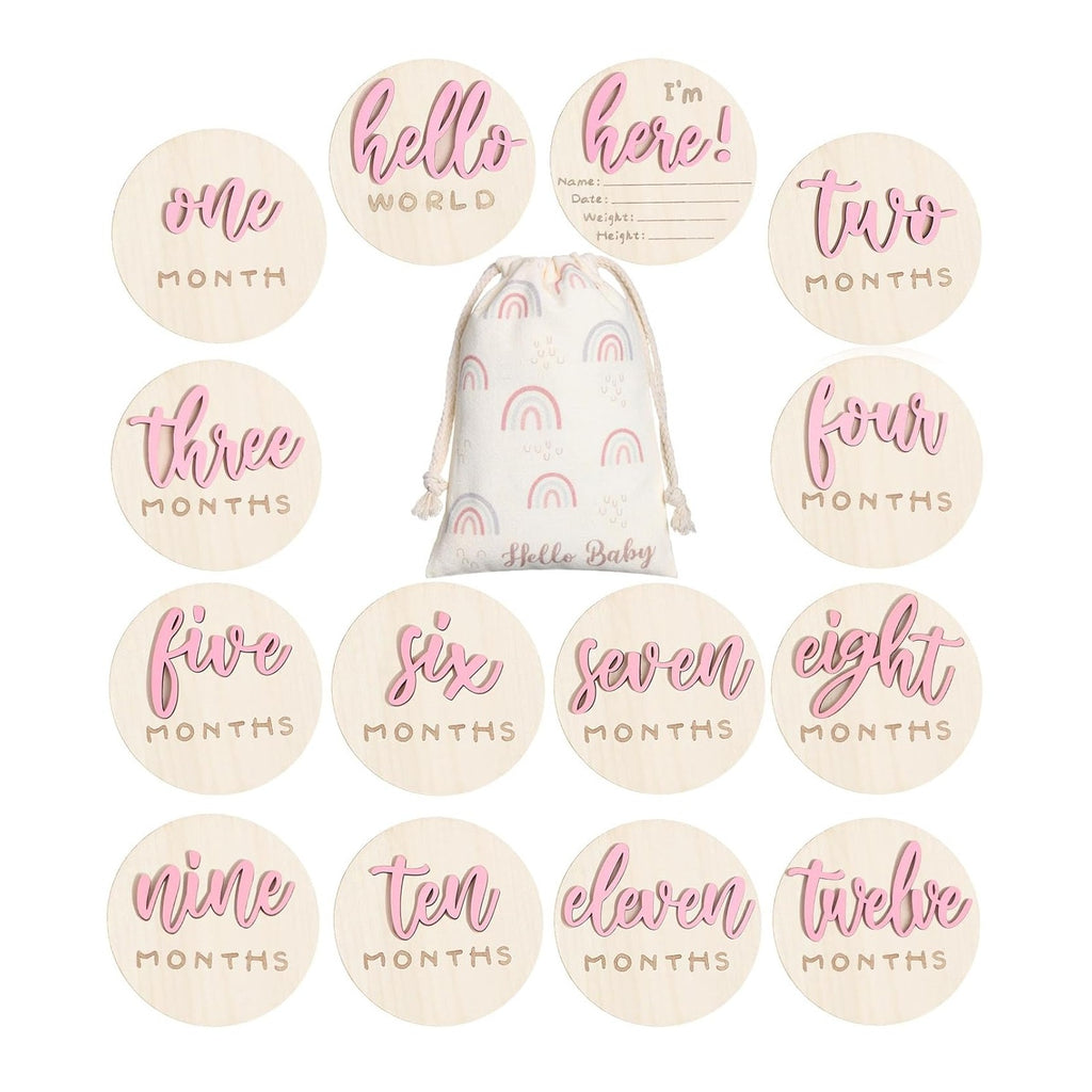 7 Pack 3D Baby Monthly Milestone Card Signs Baby Announcement Sign Double Sided Hello World Newborn Signs Wooden Circles Discs for Welcome Newborn Boy Girl Photo Props
