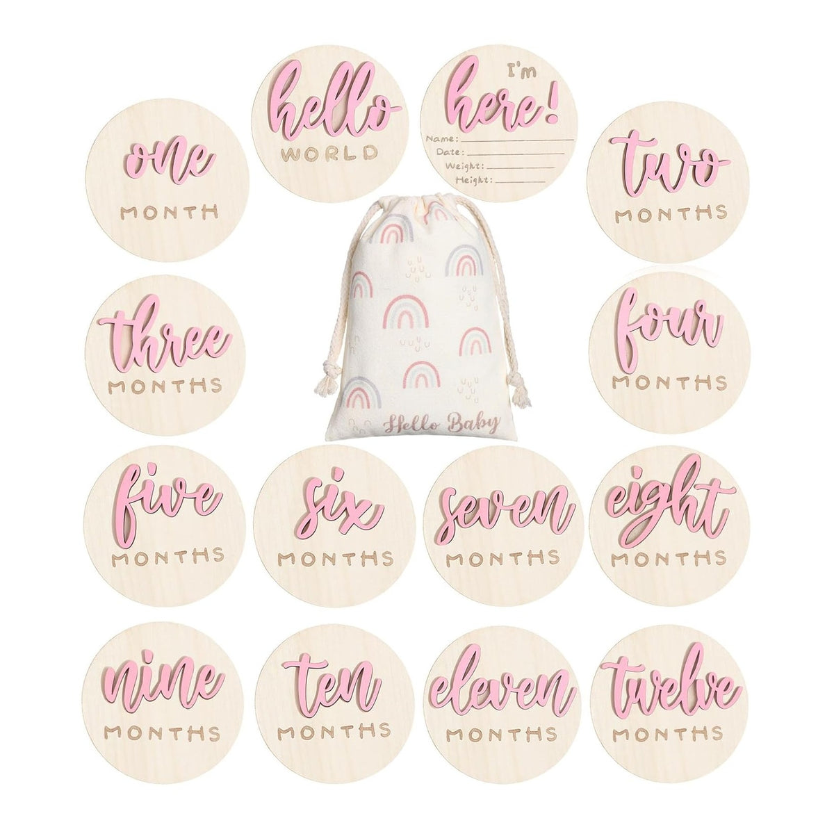 7 Pack 3D Baby Monthly Milestone Card Signs Baby Announcement Sign Double Sided Hello World Newborn Signs Wooden Circles Discs for Welcome Newborn Boy Girl Photo Props