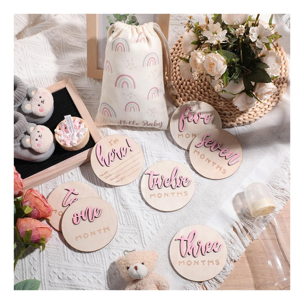 7 Pack 3D Baby Monthly Milestone Card Signs Baby Announcement Sign Double Sided Hello World Newborn Signs Wooden Circles Discs for Welcome Newborn Boy Girl Photo Props