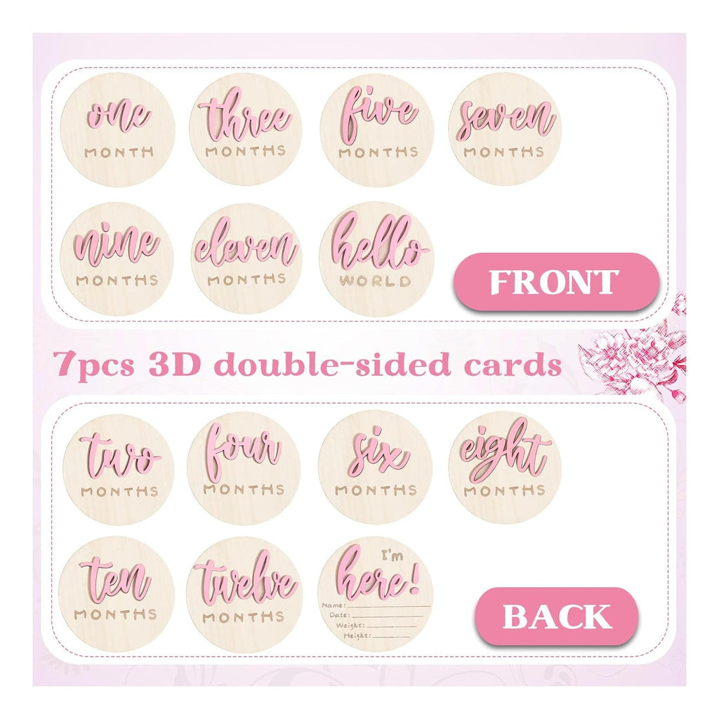 7 Pack 3D Baby Monthly Milestone Card Signs Baby Announcement Sign Double Sided Hello World Newborn Signs Wooden Circles Discs for Welcome Newborn Boy Girl Photo Props