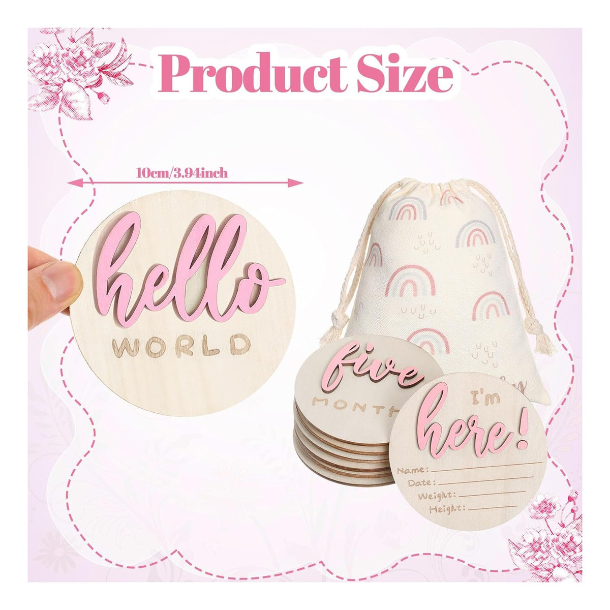 7 Pack 3D Baby Monthly Milestone Card Signs Baby Announcement Sign Double Sided Hello World Newborn Signs Wooden Circles Discs for Welcome Newborn Boy Girl Photo Props