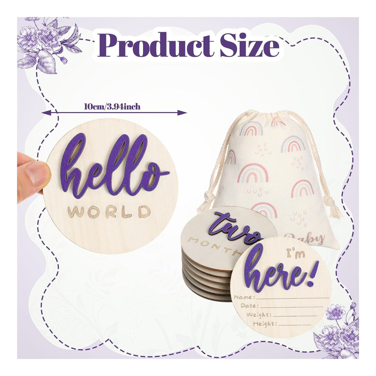 7 Pack 3D Baby Monthly Milestone Card Signs Baby Announcement Sign Double Sided Hello World Newborn Signs Wooden Circles Discs for Welcome Newborn Boy Girl Photo Props