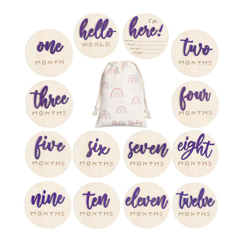 7 Pack 3D Baby Monthly Milestone Card Signs Baby Announcement Sign Double Sided Hello World Newborn Signs Wooden Circles Discs for Welcome Newborn Boy Girl Photo Props