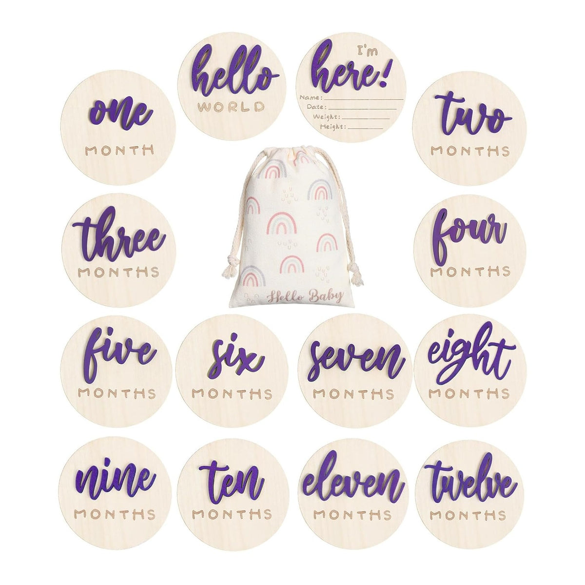 7 Pack 3D Baby Monthly Milestone Card Signs Baby Announcement Sign Double Sided Hello World Newborn Signs Wooden Circles Discs for Welcome Newborn Boy Girl Photo Props