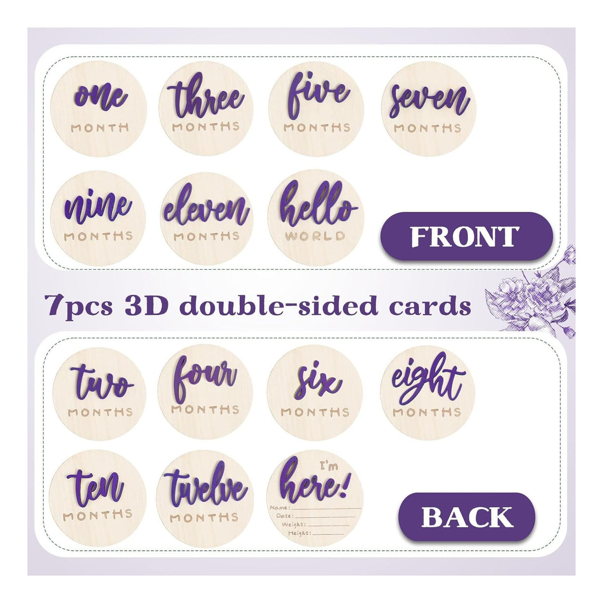 7 Pack 3D Baby Monthly Milestone Card Signs Baby Announcement Sign Double Sided Hello World Newborn Signs Wooden Circles Discs for Welcome Newborn Boy Girl Photo Props