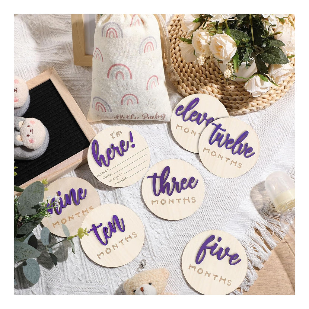 7 Pack 3D Baby Monthly Milestone Card Signs Baby Announcement Sign Double Sided Hello World Newborn Signs Wooden Circles Discs for Welcome Newborn Boy Girl Photo Props