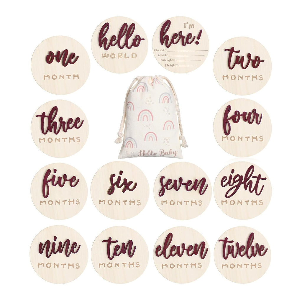 7 Pack 3D Baby Monthly Milestone Card Signs Baby Announcement Sign Double Sided Hello World Newborn Signs Wooden Circles Discs for Welcome Newborn Boy Girl Photo Props