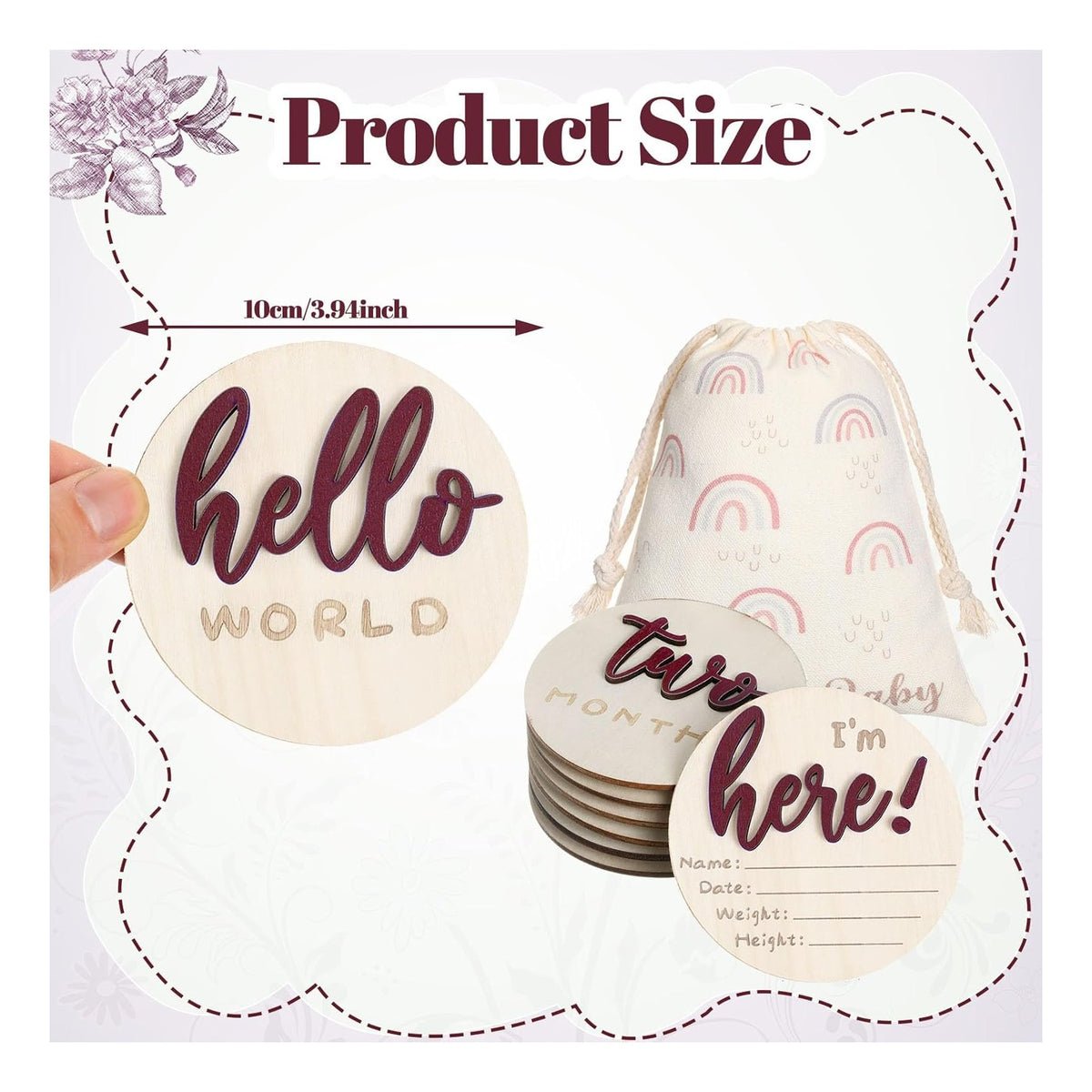 7 Pack 3D Baby Monthly Milestone Card Signs Baby Announcement Sign Double Sided Hello World Newborn Signs Wooden Circles Discs for Welcome Newborn Boy Girl Photo Props