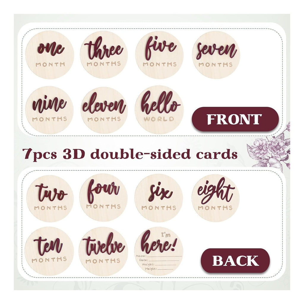 7 Pack 3D Baby Monthly Milestone Card Signs Baby Announcement Sign Double Sided Hello World Newborn Signs Wooden Circles Discs for Welcome Newborn Boy Girl Photo Props