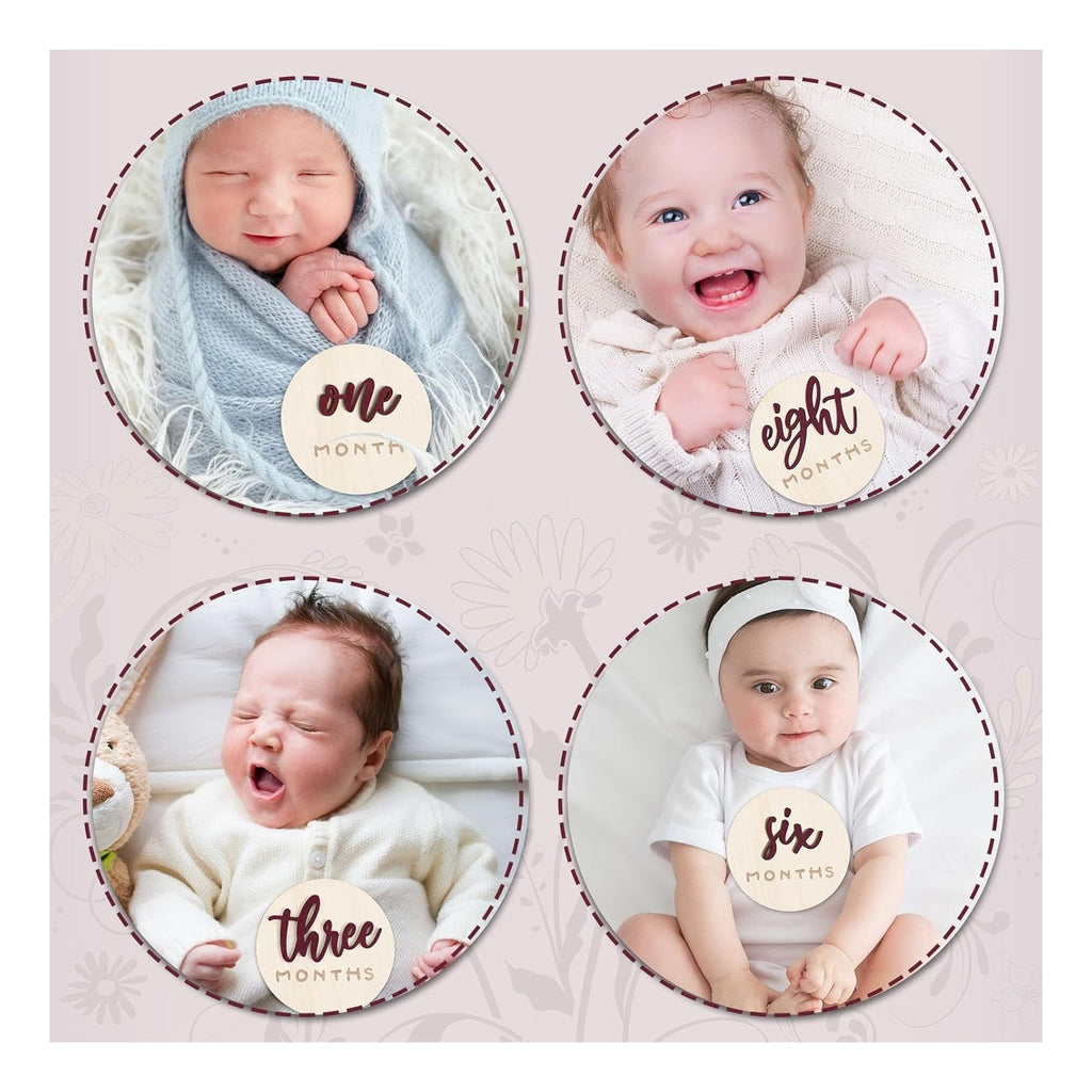 7 Pack 3D Baby Monthly Milestone Card Signs Baby Announcement Sign Double Sided Hello World Newborn Signs Wooden Circles Discs for Welcome Newborn Boy Girl Photo Props