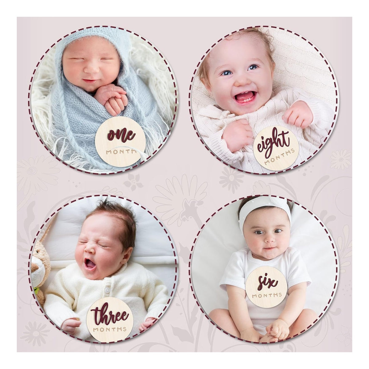 7 Pack 3D Baby Monthly Milestone Card Signs Baby Announcement Sign Double Sided Hello World Newborn Signs Wooden Circles Discs for Welcome Newborn Boy Girl Photo Props