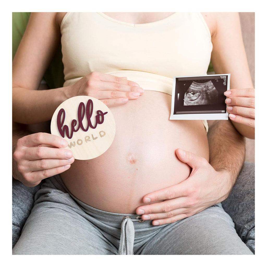7 Pack 3D Baby Monthly Milestone Card Signs Baby Announcement Sign Double Sided Hello World Newborn Signs Wooden Circles Discs for Welcome Newborn Boy Girl Photo Props