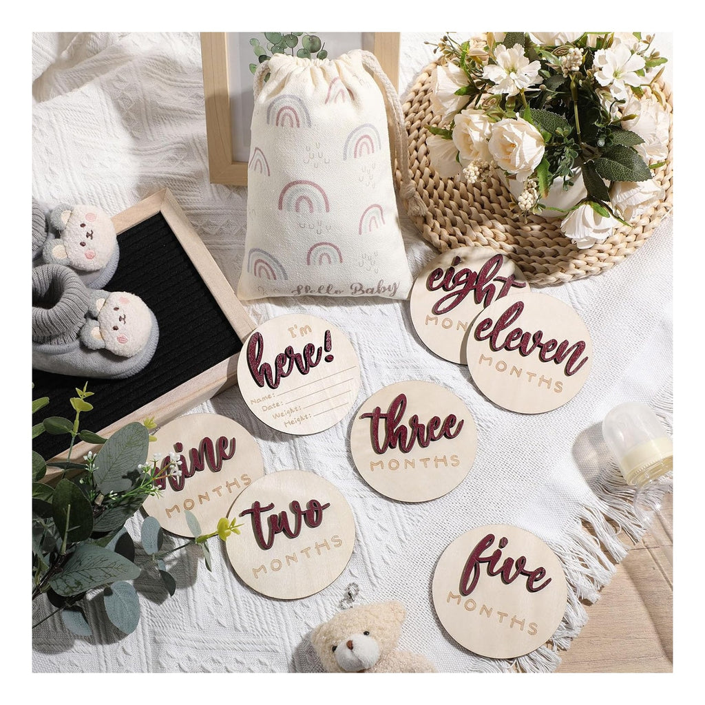 7 Pack 3D Baby Monthly Milestone Card Signs Baby Announcement Sign Double Sided Hello World Newborn Signs Wooden Circles Discs for Welcome Newborn Boy Girl Photo Props