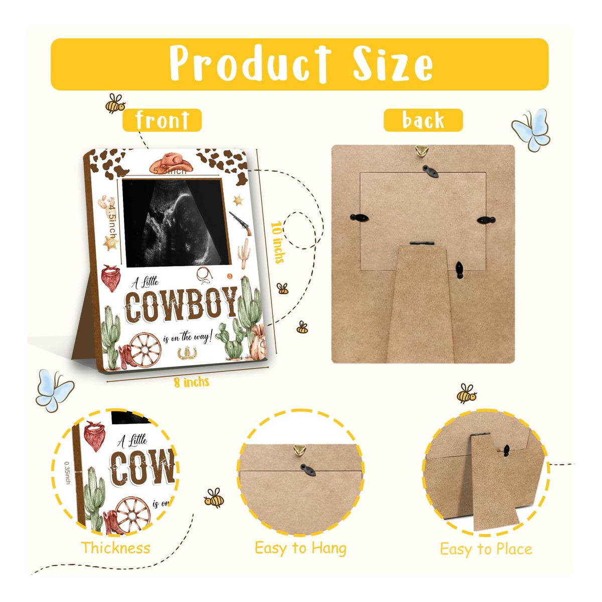 Cowboy Baby Shower Decorations, Baby Shower Sign Picture Frame, Cowboy Party Decor for Gender Reveal, Pregnancy Milestone Keepsake, Pregnancy Announcement Sonogram Photo Frames