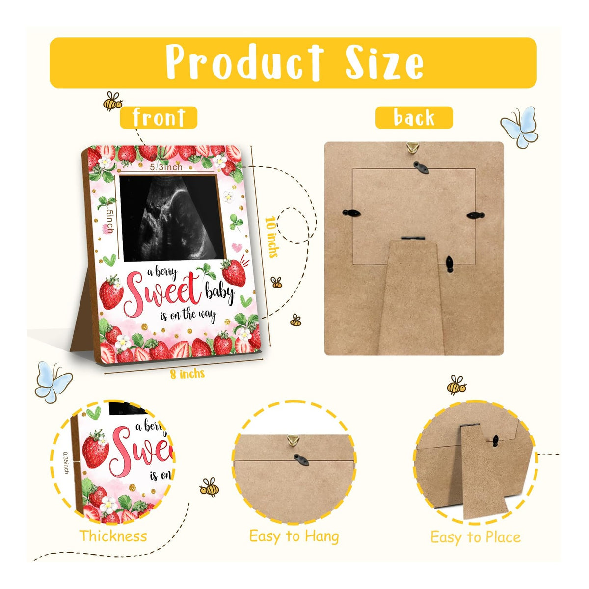 Strawberry Baby Shower Decorations, Baby Shower Sign Picture Frame, Berry Sweet Party Decor for Gender Reveal, Pregnancy Milestone Keepsake, Pregnancy Announcement Sonogram Photo Frames