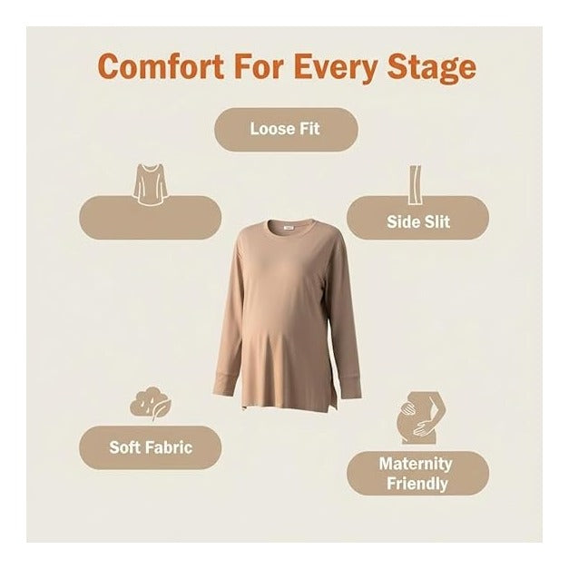 Women's Maternity Crew Neck Long Sleeve Side Slit Yoga Activewear Loose Fit Top in Comfortable Fabric