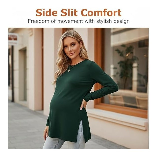 Women's Maternity Crew Neck Long Sleeve Side Slit Yoga Activewear Loose Fit Top in Comfortable Fabric