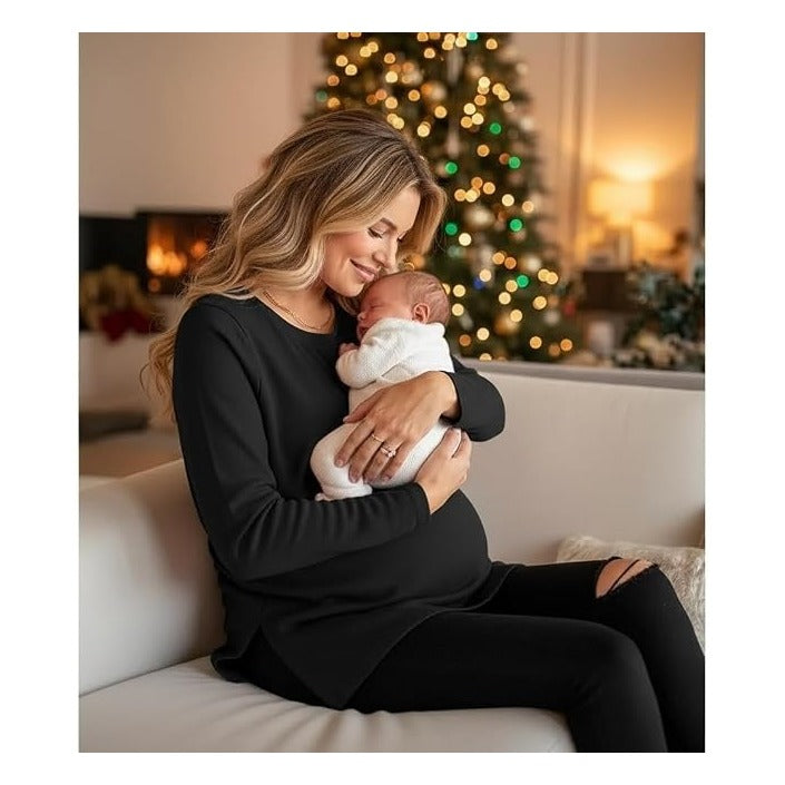 Women's Maternity Crew Neck Long Sleeve Side Slit Yoga Activewear Loose Fit Top in Comfortable Fabric