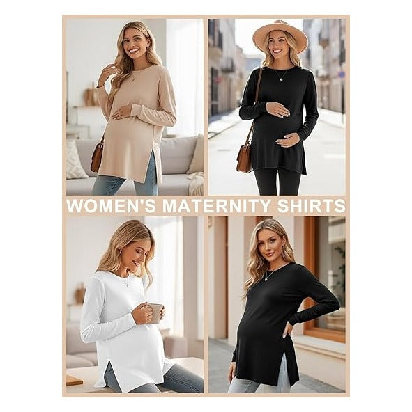 Women's Maternity Crew Neck Long Sleeve Side Slit Yoga Activewear Loose Fit Top in Comfortable Fabric