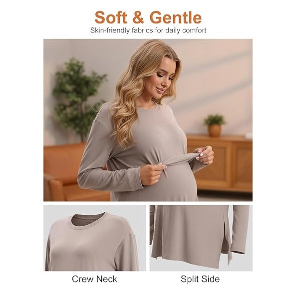Women's Maternity Crew Neck Long Sleeve Side Slit Yoga Activewear Loose Fit Top in Comfortable Fabric