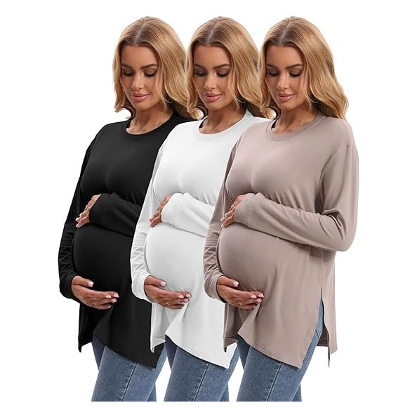 Women's Maternity Crew Neck Long Sleeve Side Slit Yoga Activewear Loose Fit Top in Comfortable Fabric