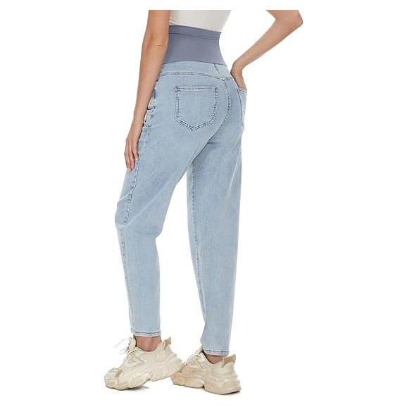 Women's Maternity Boyfriend Jeans Over Belly Stretch Comfy Loose Casual Denim Pants with Pockets for Everyday Wear