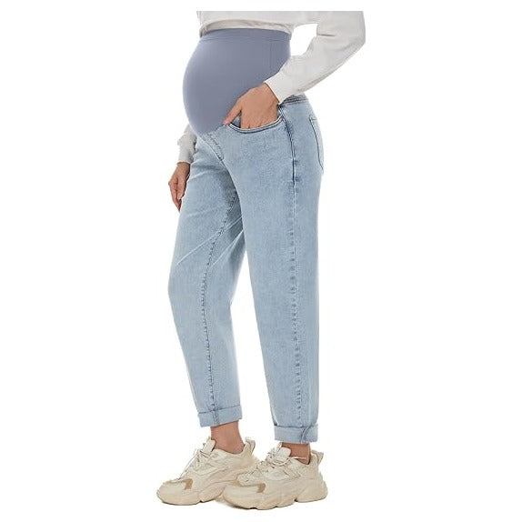 Women's Maternity Boyfriend Jeans Over Belly Stretch Comfy Loose Casual Denim Pants with Pockets for Everyday Wear