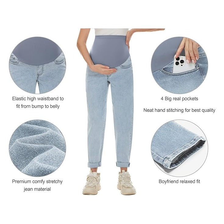 Women's Maternity Boyfriend Jeans Over Belly Stretch Comfy Loose Casual Denim Pants with Pockets for Everyday Wear