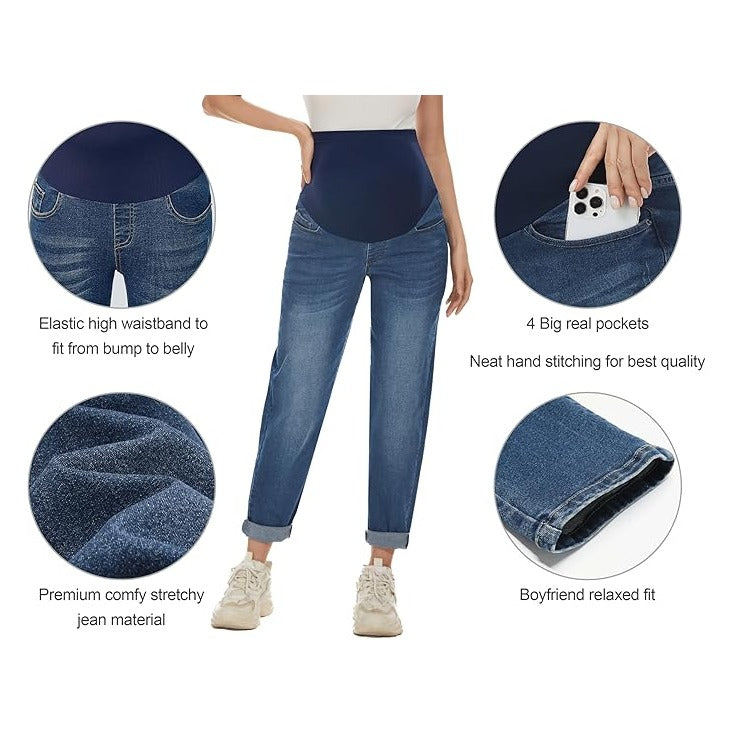 Women's Maternity Boyfriend Jeans Over Belly Stretch Comfy Loose Casual Denim Pants with Pockets for Everyday Wear