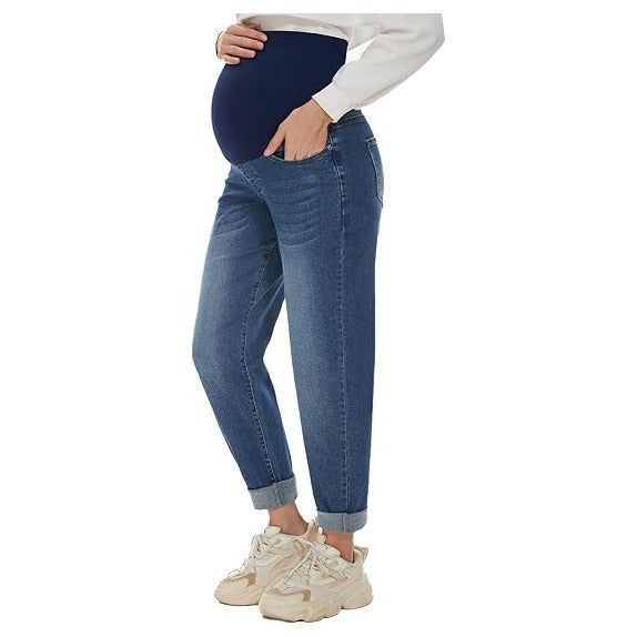 Women's Maternity Boyfriend Jeans Over Belly Stretch Comfy Loose Casual Denim Pants with Pockets for Everyday Wear