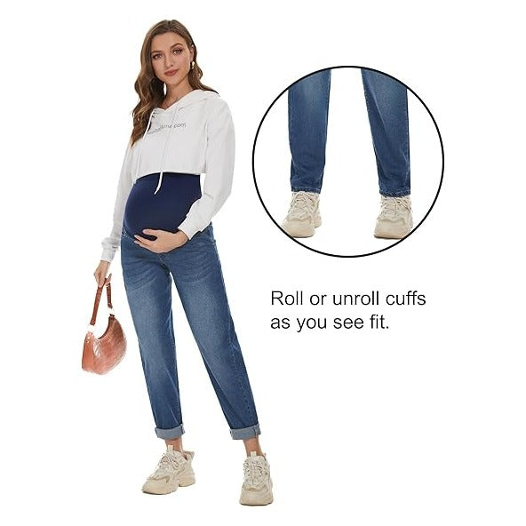 Women's Maternity Boyfriend Jeans Over Belly Stretch Comfy Loose Casual Denim Pants with Pockets for Everyday Wear