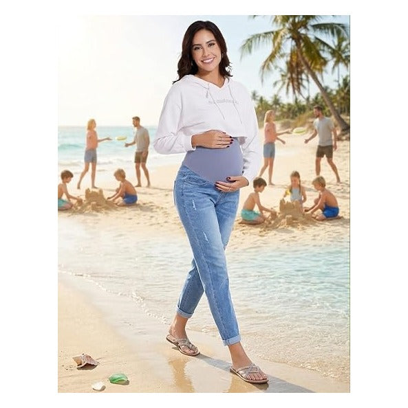 Women's Maternity Boyfriend Jeans Over Belly Stretch Comfy Loose Casual Denim Pants with Pockets for Everyday Wear