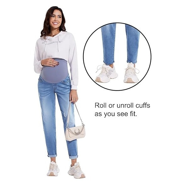 Women's Maternity Boyfriend Jeans Over Belly Stretch Comfy Loose Casual Denim Pants with Pockets for Everyday Wear