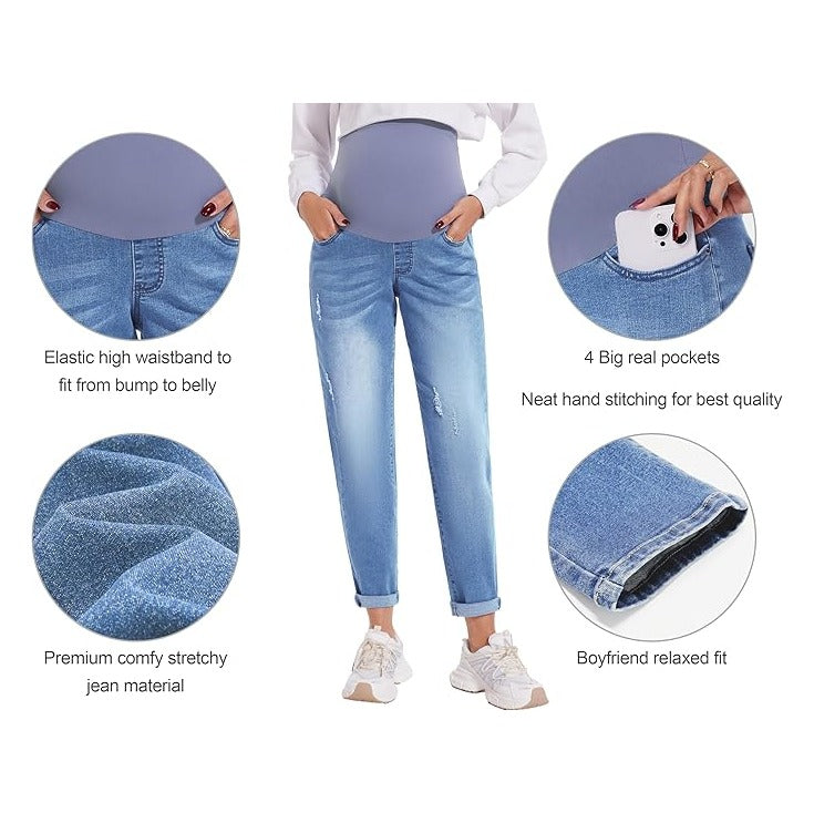 Women's Maternity Boyfriend Jeans Over Belly Stretch Comfy Loose Casual Denim Pants with Pockets for Everyday Wear