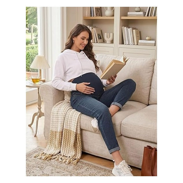 Women's Maternity Boyfriend Jeans Over Belly Stretch Comfy Loose Casual Denim Pants with Pockets for Everyday Wear