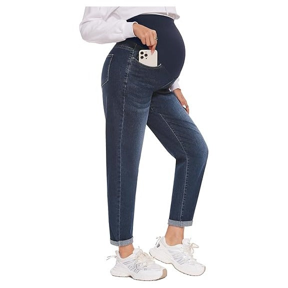 Women's Maternity Boyfriend Jeans Over Belly Stretch Comfy Loose Casual Denim Pants with Pockets for Everyday Wear
