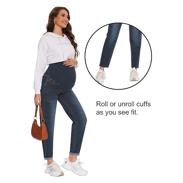 Women's Maternity Boyfriend Jeans Over Belly Stretch Comfy Loose Casual Denim Pants with Pockets for Everyday Wear