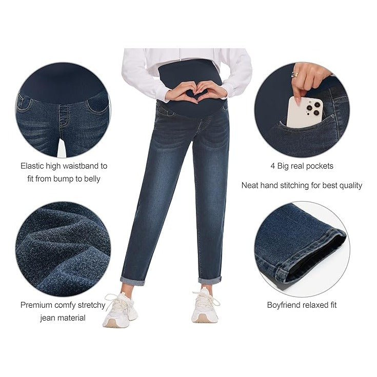 Women's Maternity Boyfriend Jeans Over Belly Stretch Comfy Loose Casual Denim Pants with Pockets for Everyday Wear