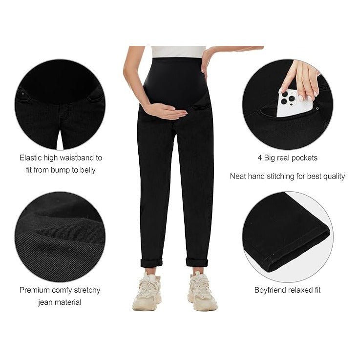 Women's Maternity Boyfriend Jeans Over Belly Stretch Comfy Loose Casual Denim Pants with Pockets for Everyday Wear